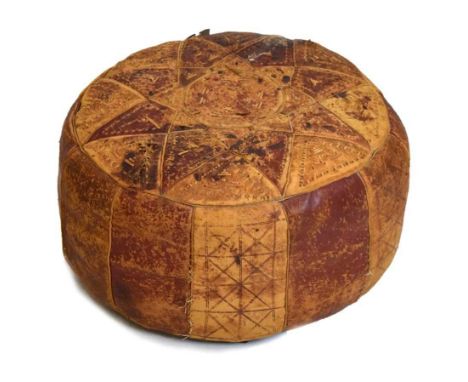 Vintage brown leather pouffe, possibly North African, 46cm diameter