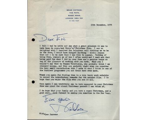 Nicholas Parsons (actor and TV personality) - TLS dated 15/12/78 on his headed notepaper saying what a pleasure it was to app