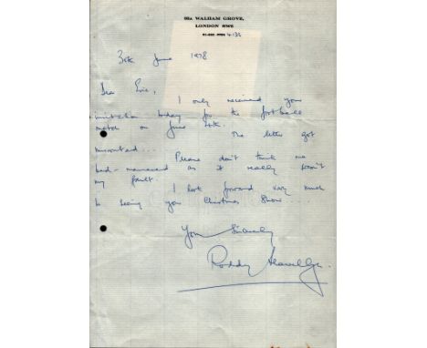 Roddy Llewellyn (best known for his 8 year affair with Princess Margaret) - ALS dated 30/6/78 on his headed notepaper replyin