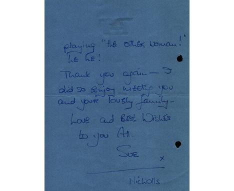 Sue Nicholls (actress) - ALS dated 8/11/77 This item was sent to, and are from the collection of, Eric Morecambe. Item will c