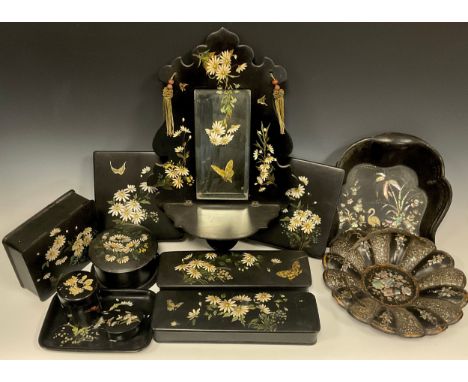 A Victorian lacquered papier-mâché matched dressing suite painted with Butterflies and Daisies including folding wall mirror,