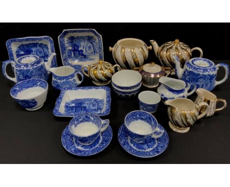 George Jones and Sons 'Abbey' blue and white tea service for two; Sadler ware 