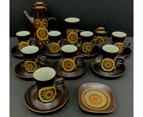 A Denby pottery Arabesque pattern coffee set inc large and small coffee pots, cream jug, sugar bowl, eight cups and saucers e