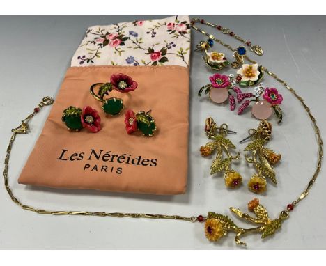 Les Nereides Paris - enamelled floral suite pendant and pair of earrings;  pink and green floral dress ring and conforming ea