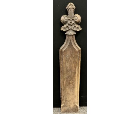 Treen and Architectural Salvage - an oak pew end, carved poppy head finial, 123cm high, 22cm wide, 19th century 