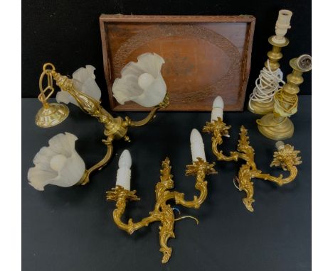 A brass three branch light fitting with marbleised  glass shades,  pair of two branch wall lights,  brass table lamp etc 