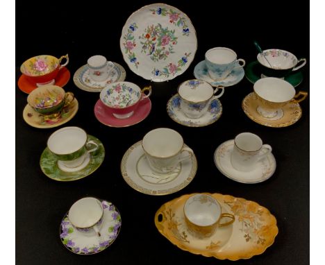 Tea ware - tea cups and saucers including; Royal Albert 'Moonlight Rose', Royal Crown Derby 'Vine', Aynsley 'Onyx', Royal Dou