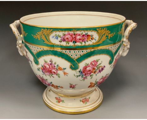 A large Dresden porcelain cache pot or planter, moulded with two Ram mask and scrolling handles, painted with pink Roses and 