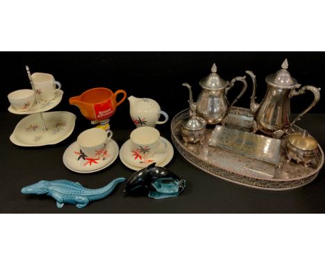 Mid century ceramics - Beswick Dancing Days pattern two tier cake stand, Wade duet tea set, Brown Polson Walking ware jug;  P