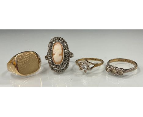 Rings - 9ct signet ring, 9ct gold cz cluster ring, 6g gross; synthetic spinel 9ct gold and silver dress ring, 1.8g gross; ste