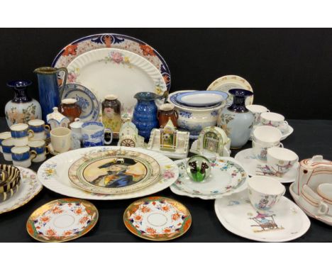 Ceramics- Coalport cottages, Bourne Denby drip glaze jugs, a pair of Lovetts Langley vases, two Imari Spode saucers; etc 