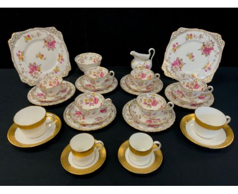 Tableware -  Royal Crown Derby St George pattern pair tea and coffee cups and saucers (4); a hand painted six setting tea set