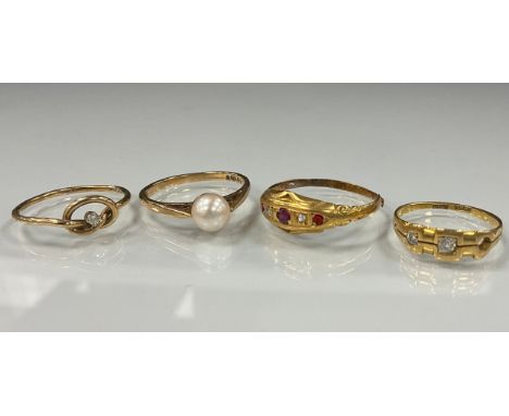 A diamond ring, 18ct gold shank, another ruby and diamond, 3.8g gross;  a 9ct gold cultured pearl ring, another rope twist, 3