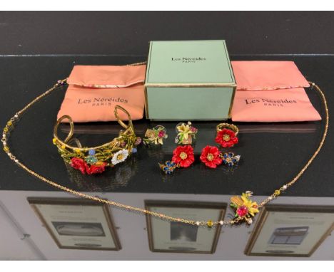 Les Nereides Paris - enamelled suite Insects and Flowers, inc cuff bangle, pair of earrings and dress ring;  another pair flo
