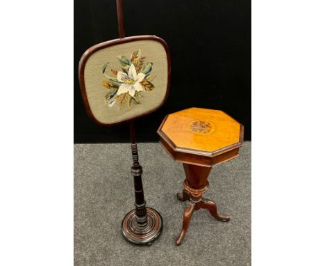 A Victorian Mahogany trumpet-shaped work-box, tripod base, 71cm high x 40cm x 40cm;  Victorian pole screen, the rounded recta