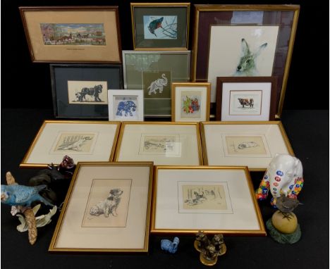 Boxes &amp; Objects - an Elephant Parade figure; Goebel Budgerigar;  Brass three wise Monkeys;  Cecil Aldin prints, Cash silk