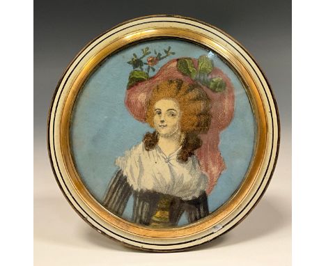 An early 19th century circular snuff box, with hand coloured engraving of a lady to cover, the rear indistinctly marked Grand