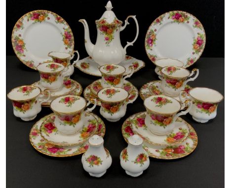 A Royal Albert Old Country Roses pattern coffee set inc 8 small cups, 6 saucers, 7 side plates, Coffee pot, cream jug, sugar 