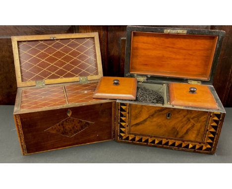 A George III inlaid mahogany tea caddy, shell patera, two section satinwood cross hatched interior, , 11.5cm x 19cm x 11cm; a