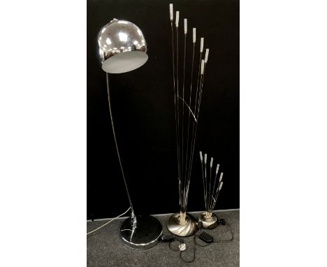 A retro chrome floor standing lamp,164cm high, another contemporary floor standing lamp, matching other; etc 