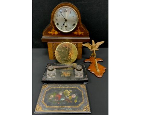 A Victorian Tunbridge inlaid walnut sewing box;  oak and brass dinner gong;  papier-mâché  standish, mantel clock etc 