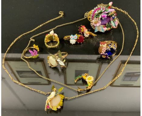 Les Nereides Paris - enamelled suite Fairy ring and pendant necklace;  Owl ring;  Parrot and flower earrings;  Cat ring, etc 