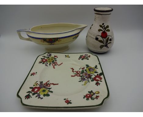 BOX OF MOSTLY MIXED CHINA AND POTTERY TO INCLUDE ROYAL DOULTON PLATES AND BOWLS, GREAT YARMOUTH POTTERY CANDLE STICK, WEDGWOO