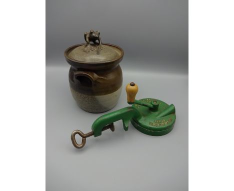 BOX OF MOSTLY STONEWARE KITCHEN STORAGE JARS PLUS VINTAGE BEAN SLICER