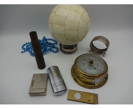 MIXED LOT TO INCLUDE BONE SPHERE, LIGHTERS, CIGAR CUTTER, BRASS SHELL, BRASS BAROMETER ETC