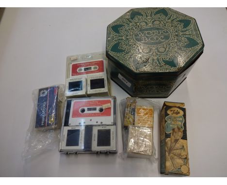 QUANTITY OF SLIDES, PRAGUE GETTYSBURG NATIONAL PARK, ANCIENT INDIAN CULTURES PLUS OTHER ITEMS IN VINTAGE CONFECTIONARY TIN