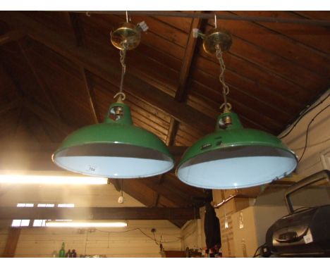 2 RETRO GREEN ENAMEL LIGHT SHADES 