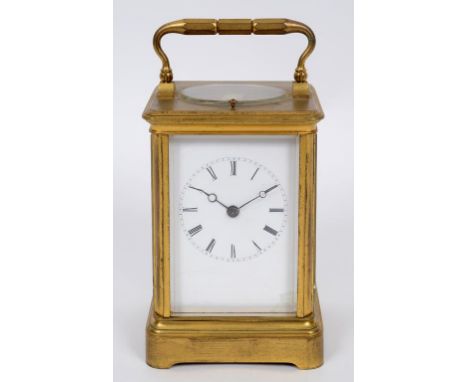 A Grande-Sonnerie carriage clock, the 6.5 cm wide enamel dial with Roman numerals, cracked and repaired, fitted an eight day 