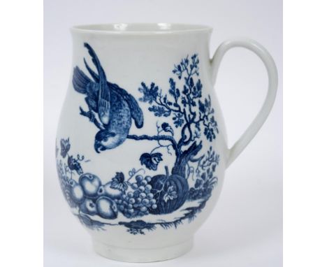 A late 18th century Worcester porcelain parrot pecking fruit pattern bell shaped tankard, small chip to rim, 15.5 cm high  Se