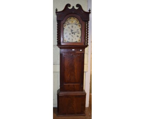 A longcase clock, the 33 cm arched square painted dial with Roman numerals, fitted and eight day movement, in a mahogany case