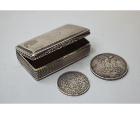 A silver snuff box, with engine turned decoration, Nathaniel Mills, Birmingham 1839, a crown, 1897, and a half crown, 1844   
