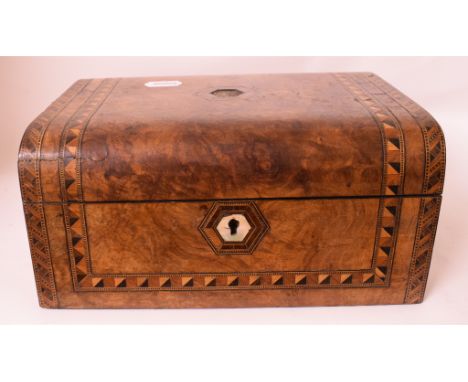 A Victorian burr walnut workbox, 27 cm wide, a similar writing slope, a hunting horn, a riding crop and other items (box)