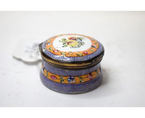 An 18th century enamel patch box, decorated flowers, damage and loss, 5 cm wide