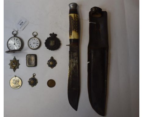 A Victorian Warwickshire Constabulary badge, a sheath knife, with a scabbard, two watches, a silver vesta case, and other ite