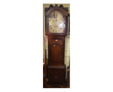 A longcase clock, the 38.5 cm arched square painted dial with Roman numerals, fitted an eight day movement, in an inlaid oak 