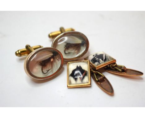 A pair of cufflinks, decorated terriers, another pair set fishing hooks, miniature medals, a silver and enamel medallion, a s