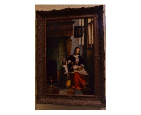 B Pekkers, a portrait of a mother and her daughter by a fire, oil on canvas, signed and dated 73, 82.5 x 52.5 cm