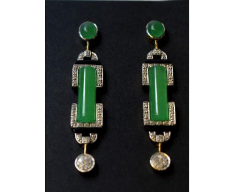 A pair of Art Deco style 9ct gold and silver drop earrings, set jade, onyx and diamonds    Condition report  Report by NGMode
