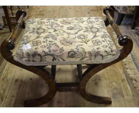 A 19th century rosewood and simulated rosewood X frame stool, with floral upholstery, 75 cm wide