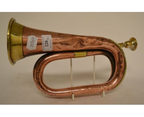 A Hawkes copper and brass bugle, two 19th century power flasks, a set of indoor carpet bowls, a set of children's cards, and 