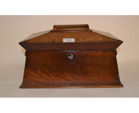 A Victorian mahogany tea caddy, of sarcophagus form, damages, 35 cm wide, three writing slopes and two other boxes (6)