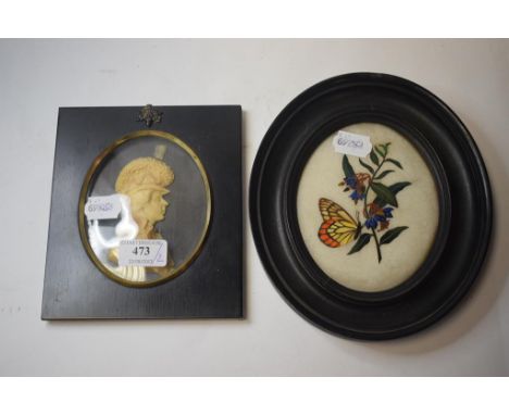 A wax portrait miniature, 12 x 10 cm, and an oval hardstone panel, inlaid a butterfly, flowers and foliage, 14 x 11 cm (2)   