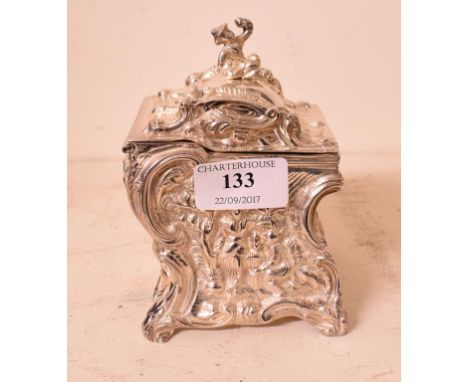 A rococo style silver plated tea caddy, 13 cm high