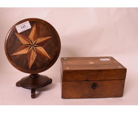 A table top tripod table, with inlaid starburst, 15 cm diameter, and a rosewood box, with mother of pearl inlay, 17 cm wide (