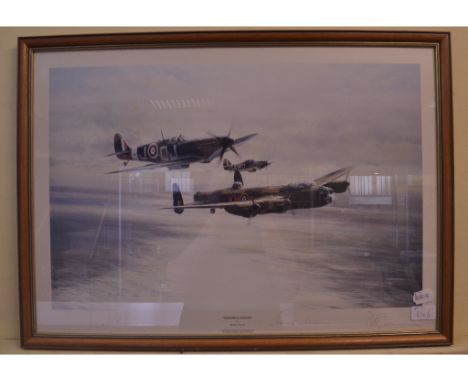 A Robert Taylor print, Memorial Flight, signed by Johnnie Johnson, Leonard Cheshire and Peter Townsend, in pencil, another, L