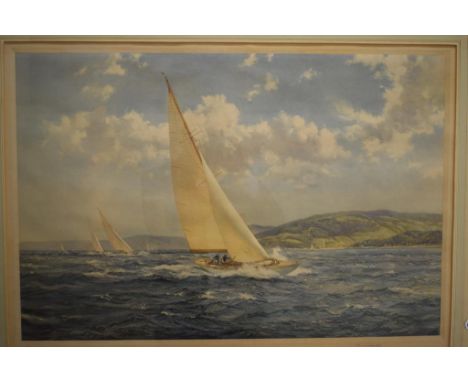 A Montague Dawson artist's proof print, racing yachts off a coastline, signed in pencil and blind stamped